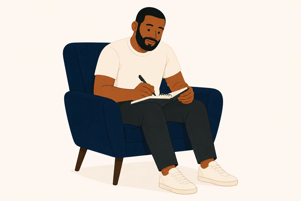 Jeremy sitting in a lounge chair, writing in a notebook