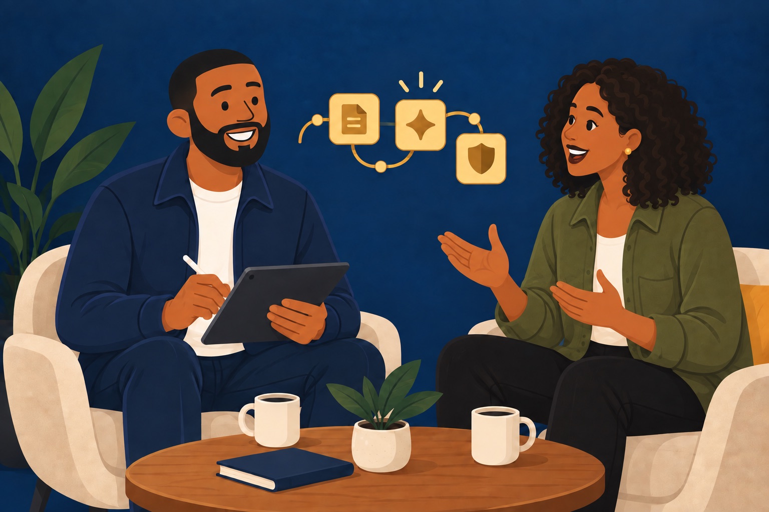 Illustration of Jeremy listening to a professional and discussing a plan together