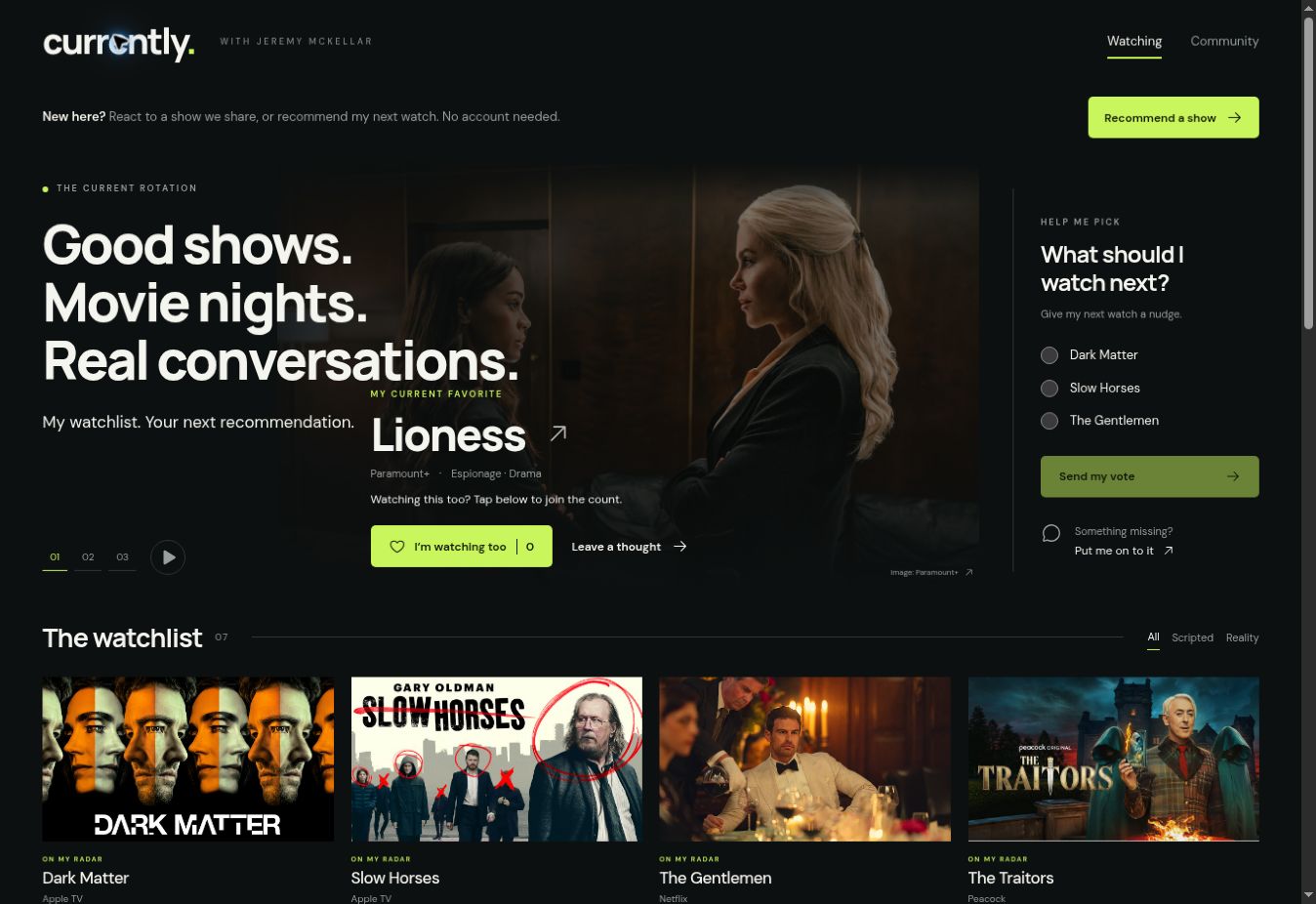 Currently with Jeremy, showing Lioness in the rotating spotlight and account-free reactions