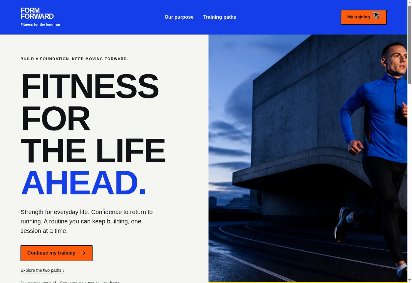 Form Forward’s live welcome page introducing fitness for the life ahead