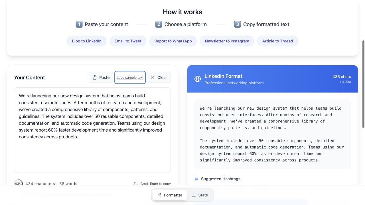 Document Formatter showing sample content beside its LinkedIn formatted output