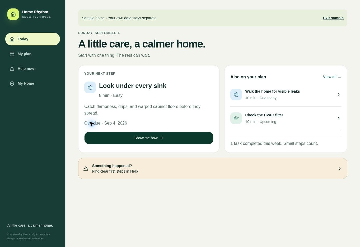 Home Rhythm’s sample home showing maintenance tasks and a clear link to first-step help