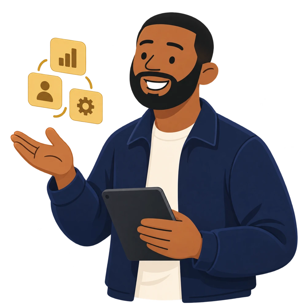 Illustrated caricature of Jeremy McKellar presenting with a tablet